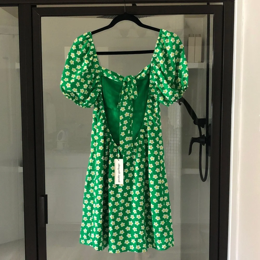 Pretty Garbage green white floral puff sleeve dress NWT S Summer Feminine